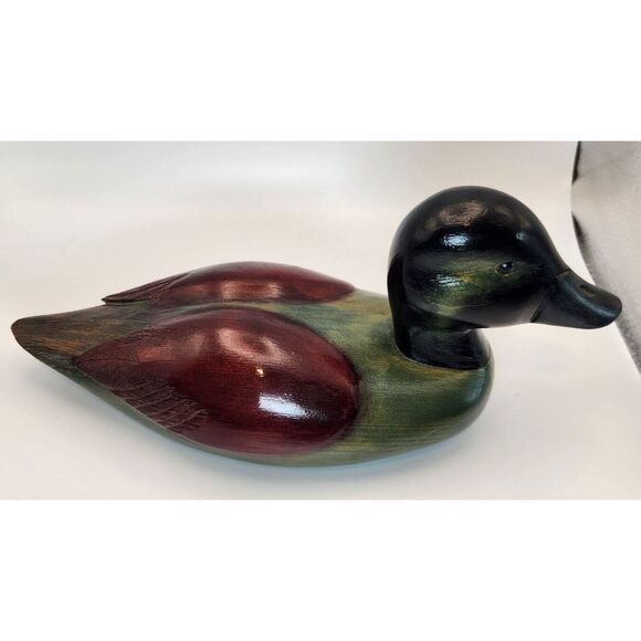 Vintage‎ "1995" Wooden Hand Carved & Stained Duck Sculpture Signed - Picture 1 of 12